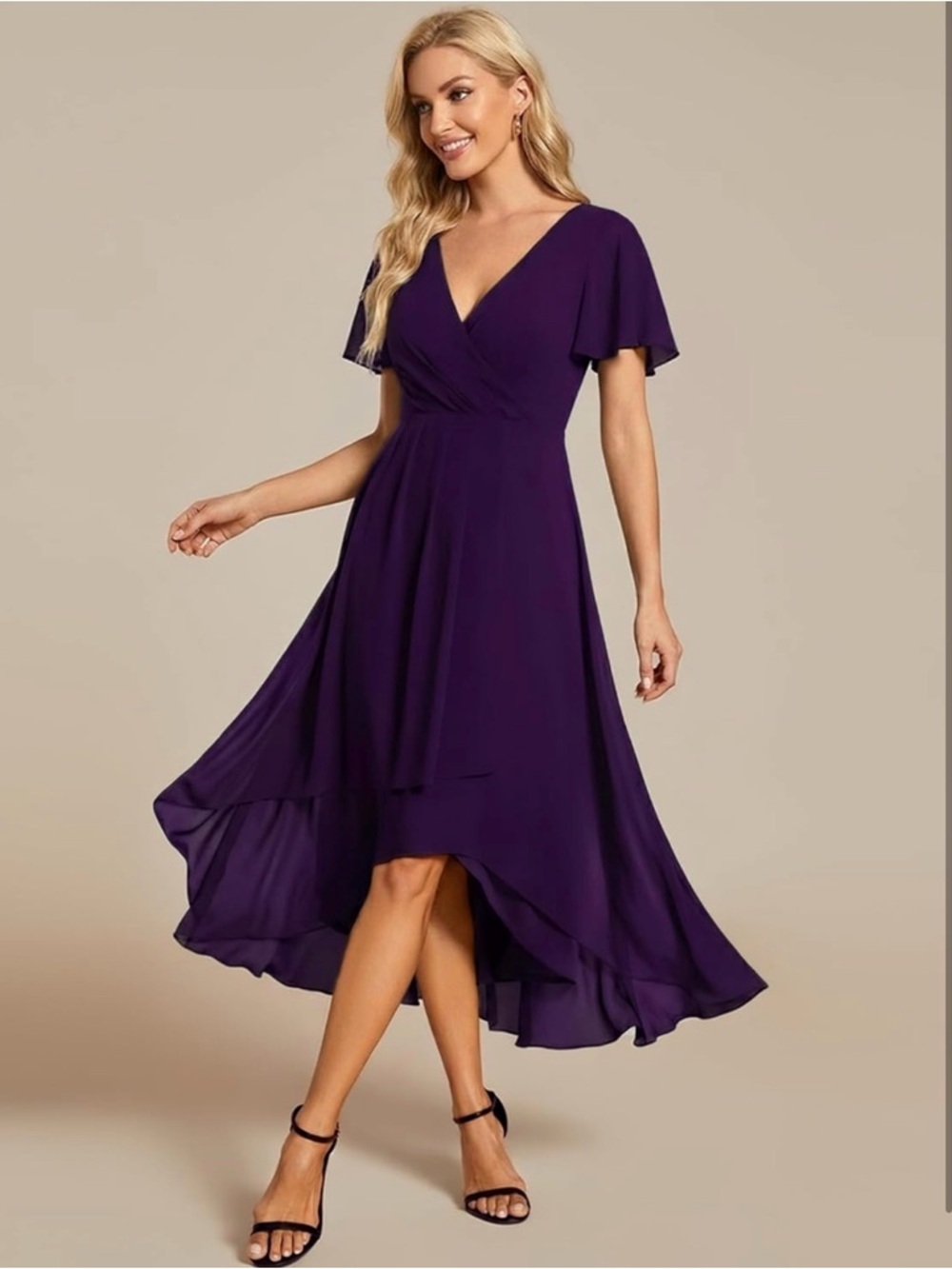 Elegant Purple V-Neck Flutter Sleeve Dress